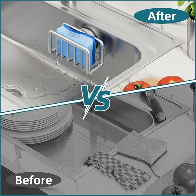 TAILI Sink Caddy with Strong Suction Cup, Sponge Holder for Kitchen-Silver | Sponge Caddy for Kitchen Sink Oganizer, Removable Rustproof Aluminum Sponge Holder for Dish Brush, Scraper, Scrubber