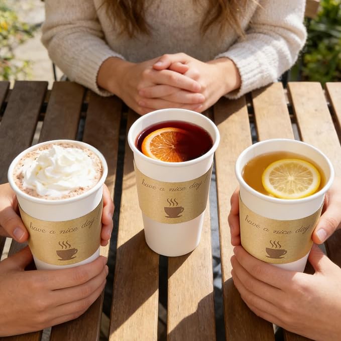 BYSNOW 20 oz 50 pack Disposable Paper Coffee Cups with Lids To Go Cups | Paper To Go Cups with Lids, Sleeves and Stirring Sticks, for Home, Office and Party (White 20oz)