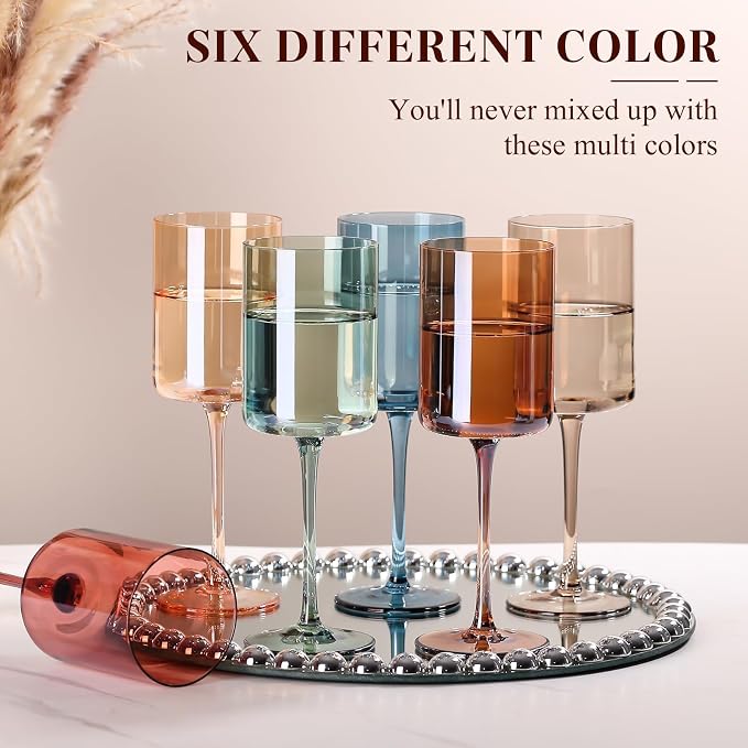 Colored Square Wine Glasses Set of 6, 14oz【Hand Blown】 Colorful Crystal Wine Glasses with Stem - Unique Muticolor Glasses Gifts for Birthday Women Party