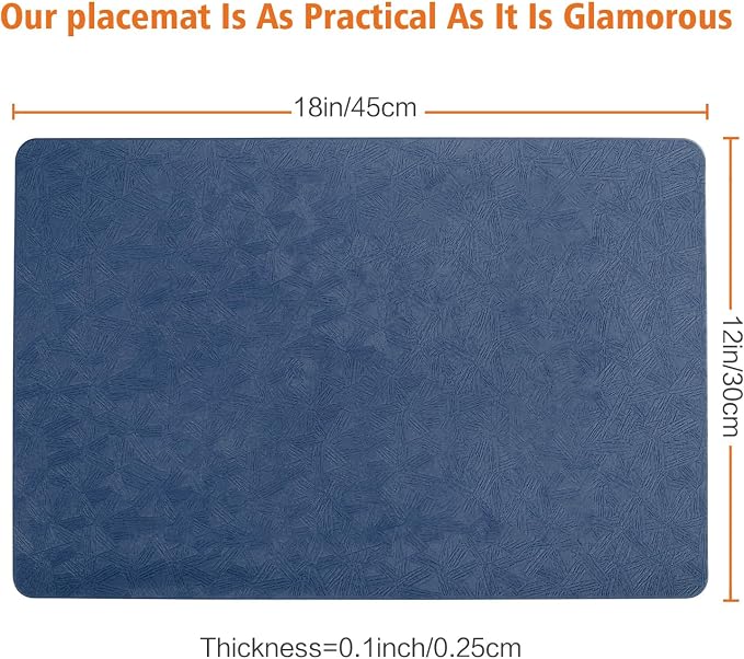 Blue Vinyl Placemats Set of 6 Waterproof Wipeable Table Mats | Heat Resistant Easy Clean Place Mats Faux Leather Table Mats Washable PVC Table Placemats for Dining Table