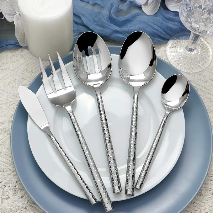 Silverware Set Hammered 45 Piece with Serving Set Service for 8 | 18/10 Stainless Steel Flatware Set, Heavy Duty Utensil, Cutlery Set for Home Party Wedding, Mirror Polished Dishwasher Safe