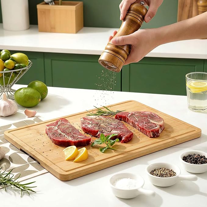 Zarler Bamboo Cutting Boards for Kitchen, 4 Piece Durable Wood Cutting Board with Juice Grooves and Handles, Wooden Chopping Board Set for Meal Prep, XL Size, Ideal Kitchen Gift