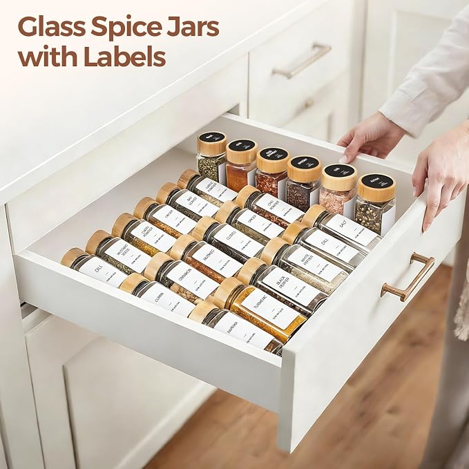 ComSaf Glass Spice Jars with with Labels 4 oz 24 Pack Bamboo Lids Bulk Set | Empty Containers, Seasoning Herb Powder, Salt Pepper Chili, Spice Rack Organization, Kitchen Cabinet Storage, Funnel Included