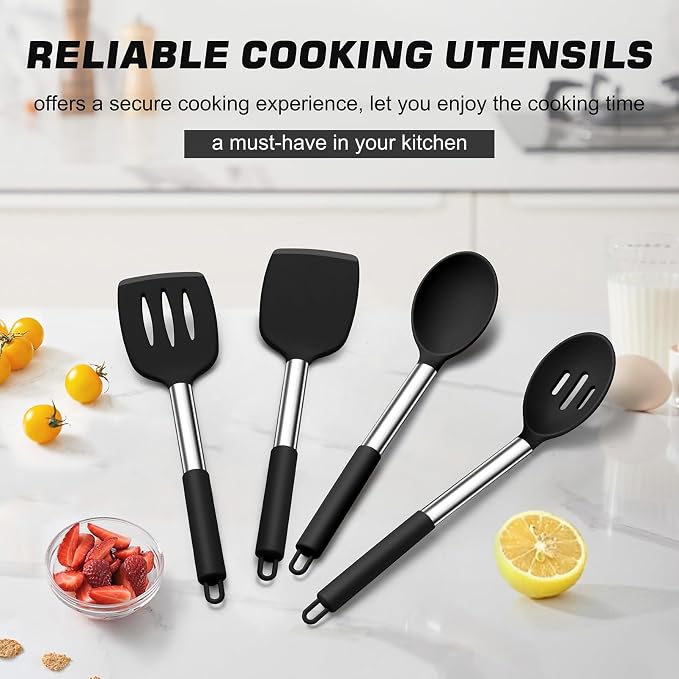TeamFar Kitchen Utensils, 4 PCS Silicone Cooking Utensils Spatula Spoon Set | with Stainless Steel Handle, for Frying Mixing Draining Turning, Healthy & Heat-proof, Non-stick & Dishwasher Safe - Black