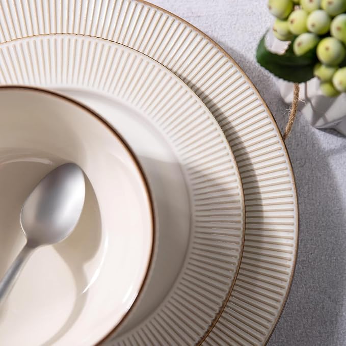 GBHOME Ceramic Dinnerware Sets,12 pcs Embossed Elegant Stoneware Plates and Bowls Sets, Housewarming Wedding Gift | Dishwasher & Microwave Safe | Dishes Set Service for 4 | Embossed Elegant Stoneware Dishes Set | Dishwasher & Microwave Safe | Service f...