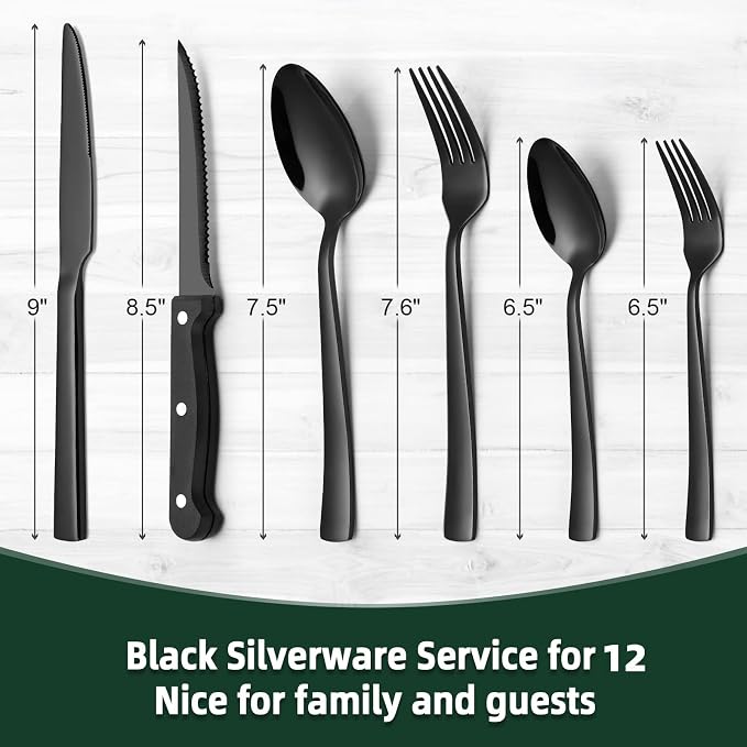 72-Piece Black Silverware Set with Steak Knives for 12, Black Flatware Set | CEKEE Stainless Steel Tableware Cutlery Set, Kitchen Utensils Set for Home & Restaurant, Heavy Duty & Mirror Finished