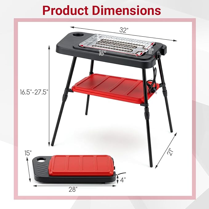 Electric Grill and Griddle, 2 in 1 Non-stick Griddle | Countertop & Freestanding Griddle with Adjustable Stand Legs, Outdoor Cooking Grill for Patio, Kitchen, BBQ