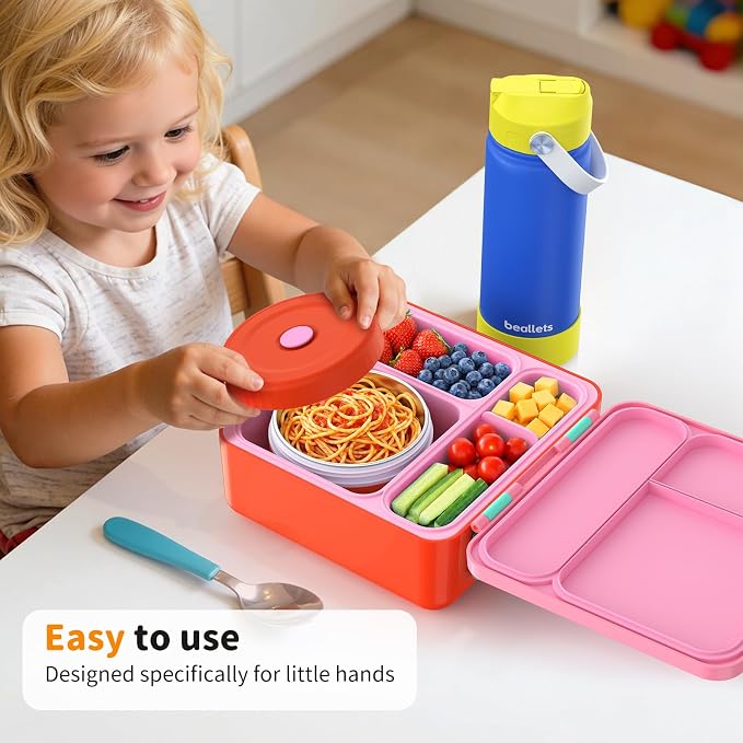 Bento Box for Kids, Lunch Box with Sticker for School | DIY Sticker Fun, Quick Lunch Packing, 4-Compartment Design, Insulated Food Jar, BPA-Free, Leak-Proof
