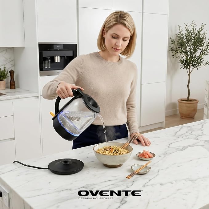OVENTE 1.5L Glass Electric Kettle Water Boiler, Black KG516B | 1500W Fast Boiling, Easy Fill Lid, Stainless Steel Filter, LED Indicator, Auto Shut-Off, Boil-Dry Protection, 360° Base