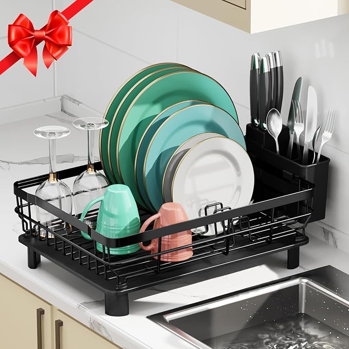 MOUKABAL Dish Drying Rack with Drainboard for Kitchen Counter, Black | 13Ć17 Large Capacity/Rustproof Stainless Steel/Fast Drainage Dish Drainer/Removable Utensil Holder/Kitchen Counter Organizer