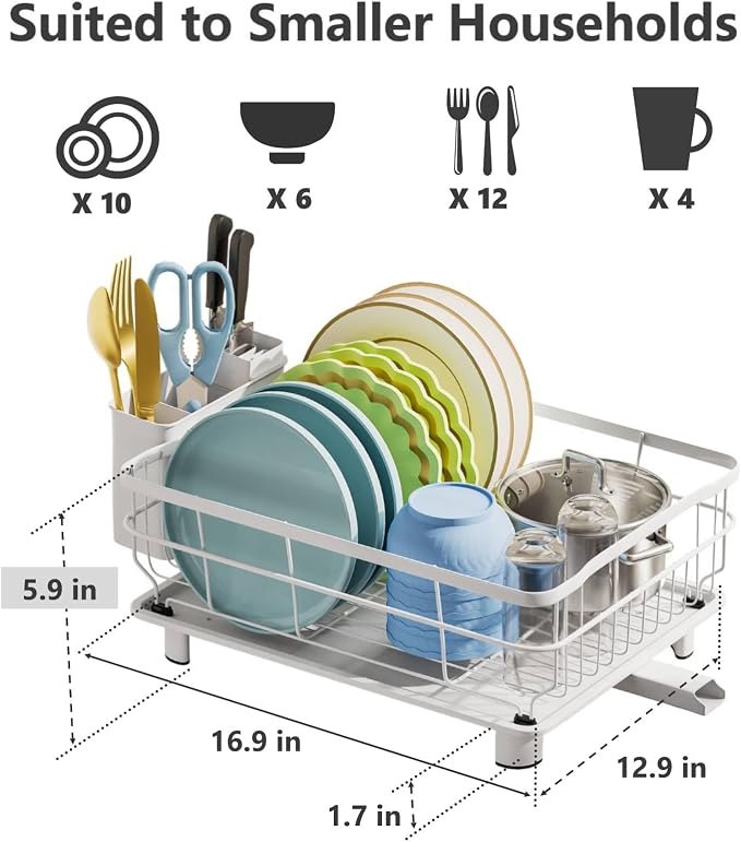 AIDERLY Auto Drain Metal Dish Drying Rack Dish Drainers, All White | with Draining Tray, Strainer, for Kitchen Counter, Sink