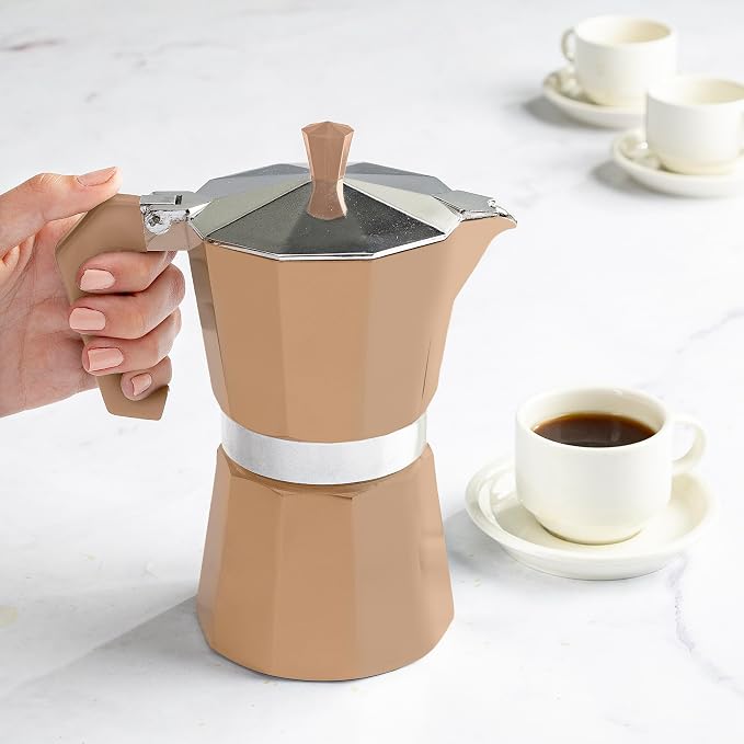 Primula Classic Moka Pot Stovetop Espresso and Coffee Maker, Italian and Cuban Cafetera for Rich Espresso Brewing, Durable Aluminum Greca Coffee Maker with Easy Grip Handle, 6-Cup, Caramel