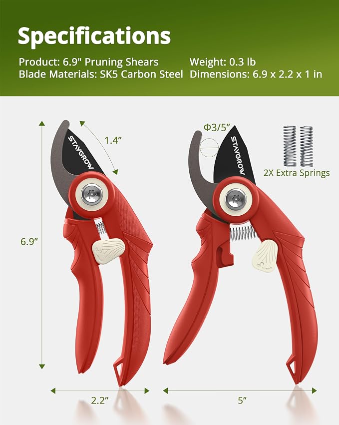Pruning Shears 6.9" Professional Garden Shears Red | SK5 Stainless Steel Sharp Blades,Garden Clippers with Comfortable Grip Hands and Safety Lock,Gardening Tools for Men Women