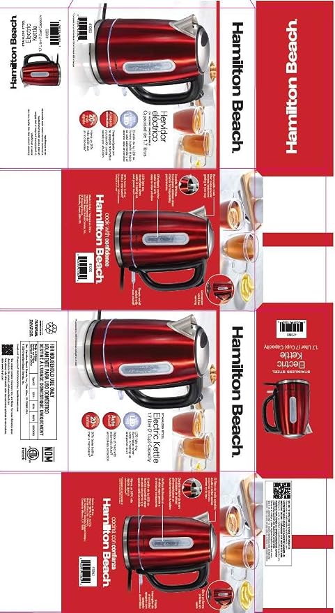 Hamilton Beach Electric Tea Kettle, Water Boiler & Heater, 1.7 Liter, Cordless Serving, 1500 Watts for Fast Boiling, Auto-Shutoff and Boil-Dry Protection, Red with LED Light Ring (41060)