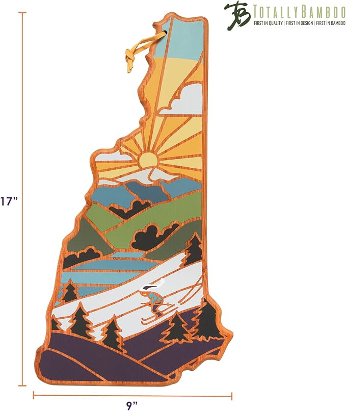 Totally Bamboo New Hampshire State Shaped Cutting Board, Summer Stokes Art | State charcuterie board with colorful hand-drawn landscape art. Smooth reverse side for food prep. Hang tie for wall display.