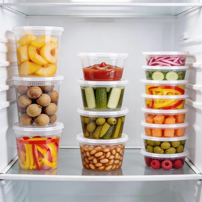 BYSNOW 60 Sets Deli Containers with Lids Plastic Food Storage Containers | 32/16/8 oz X 20 Set Each, Leak-Proof & BPA Free Airtight Stackable Takeout, Freezer/Microwave/Dishwasher Safe