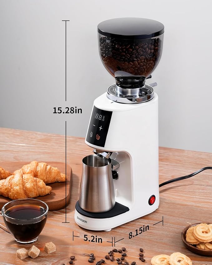 SHARDOR 64mm Flat Burr Coffee Grinder, 100 Settings, Anti-Static, White | Electric Bean Grinding, All-Metal Chamber, Portafilter Holder,Precision Timer, LED Display, 260W, Silicone Bellows, 120V Only