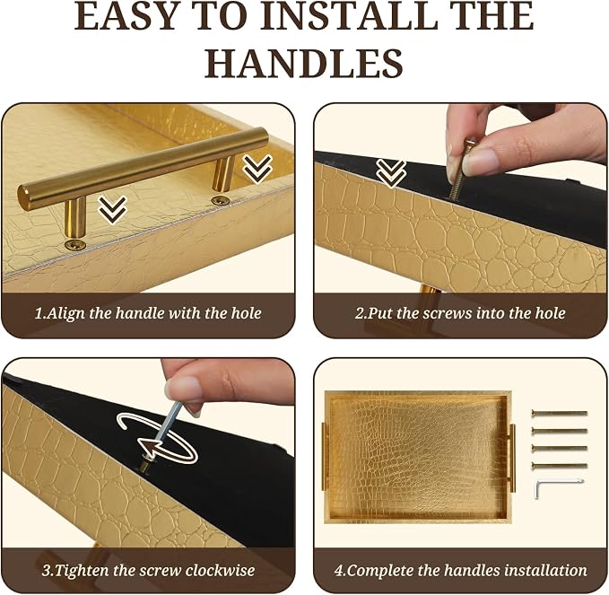 SXNOWS Faux Leather Serving Tray with Gold Handles, Glossy Gold | 17x12 in Rectangle Decorative Tray, Perfect for Ottoman Coffee Table Kitchen Bar, Stylish Gift for Home Decor