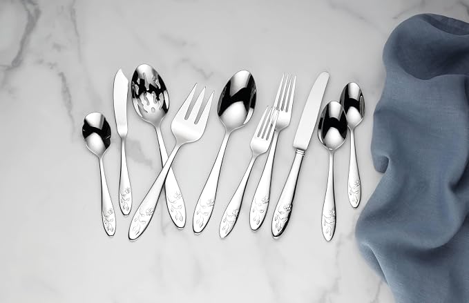 Lenox Butterfly Meadow 65-Piece 18/10 Silverware Set for 12, Flatware | silver, dishwasher safe | includes serving spoons and utensil set | heavy duty, cutlery set for kitchen and dining