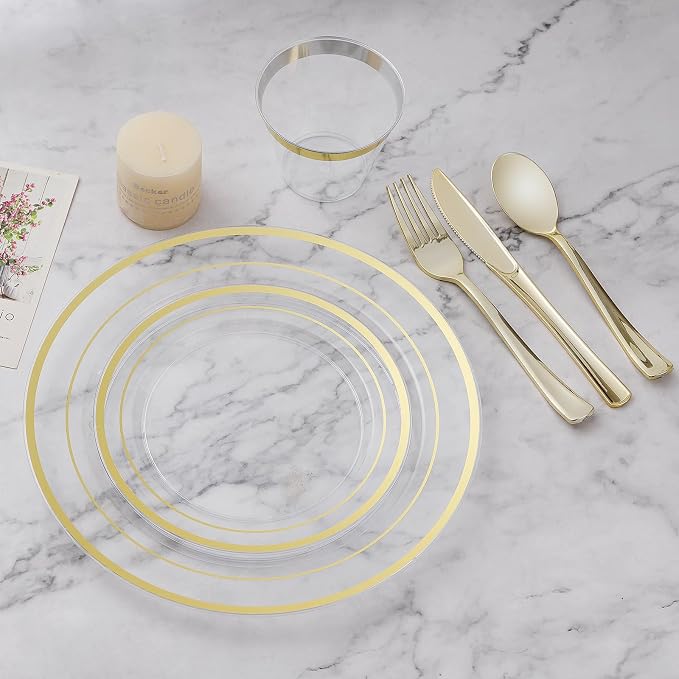 BESTVIP 150PCS Plastic Dinnerware Set (25 Guests), Clear Gold Disposable Plates for Party, Wedding, Christmas, Anniversary, Includes: Dinner Plates, Dessert Plates, Cups, Spoons, Forks and Knives | for Party, Wedding, Christmas, Includes: Dinner Plates...