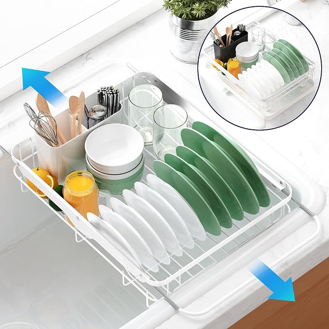 Kitsure Dish Drying Rack for Kitchen Counter, 12.2''W x 15.7''~23''L, White | Stainless Steel Sink Organization, Cutlery Holder, Home and Appartment Decor