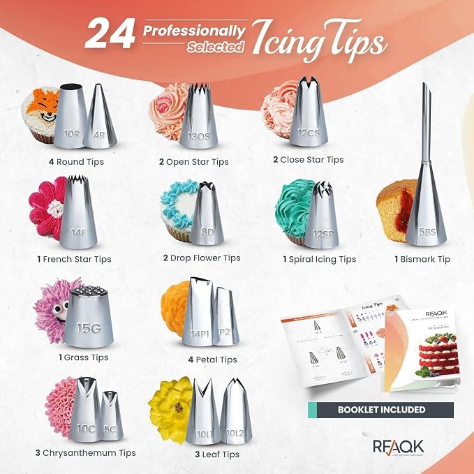 RFAQK 150PCs Cake Pan Set for Baking + Cake Decorating Supplies: 3 Round Non Stick Springform Pan Set (4, 7, 9 inches),24 Icing Tips,Cake Leveler–Multi-functional Leak-Proof Cake Pans & eBook