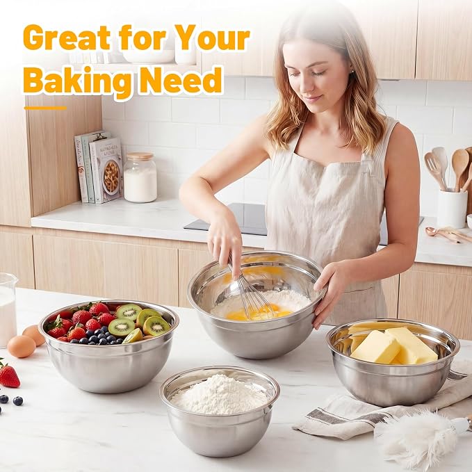 Beasea Stainless Steel Mixing Bowl with Lids, 2 Pack 5 QT Metal Large Stainless Mixing Bowls with Lids Set, Stackable Baking Bowl for Kitchen, Meal Prep, Serving and Cooking