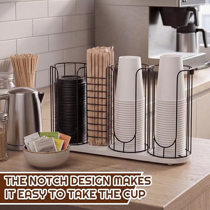 18oz Adjustable Coffee Cup Dispenser with Wooden Base, Cup and Lid Holder, Cups Holder Organizer for Coffee Pod Straw and Lid Storage(4-compartment Single,Color 3)