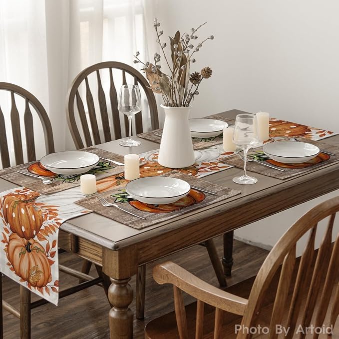 Artoid Mode Wood Pumpkin Bowknot Fall Placemats Set of 4-12 x 18 Inch | Heat-Resistant Table Mats, Washable Seasonal Autumn Kitchen Dining Decor