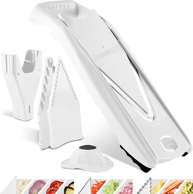Mandoline Food Slicer Börner V5 (Starter Set) by Reston Lloyd • V-Slicer with Food Holder • Made in Germany • Fruit & Vegetable Chopper • Multiple Settings • Color: White