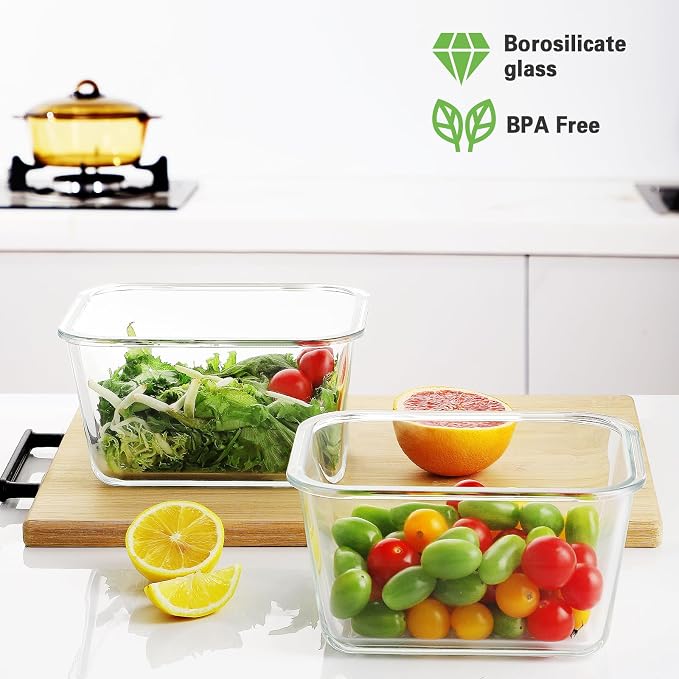 HOMBERKING 6 Pieces 63oz/8cup Large Glass Food Storage Containers with Lids, Meal Prep Containers, Airtight Bento Boxes with Leak Proof Locking (3 Containers 3 Lids), Microwave,Oven,Fridge Safe-Black