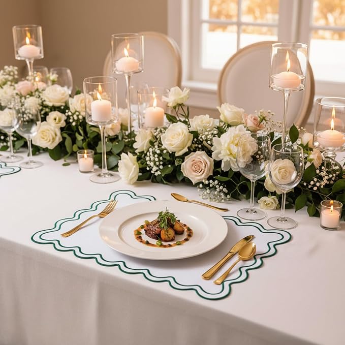 HunnmingRe White with Dark Green Set of 6 Cotton Linen Wedding Placemats, 13x19 Inch Scalloped Wavy Embroidery Placemat Double Layered Washable Rustic Rectangle Dinner Table Mat for Home Decor