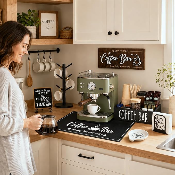 7-Piece Coffee Bar Accessories Set, Farmhouse Coffee Bar Organizer Kit | Coffee Bar Essentials Bottle Organizer for Countertop, Coffee Station Organizer with K-Cup Holder Mat Spoon Rest and 2 Signs