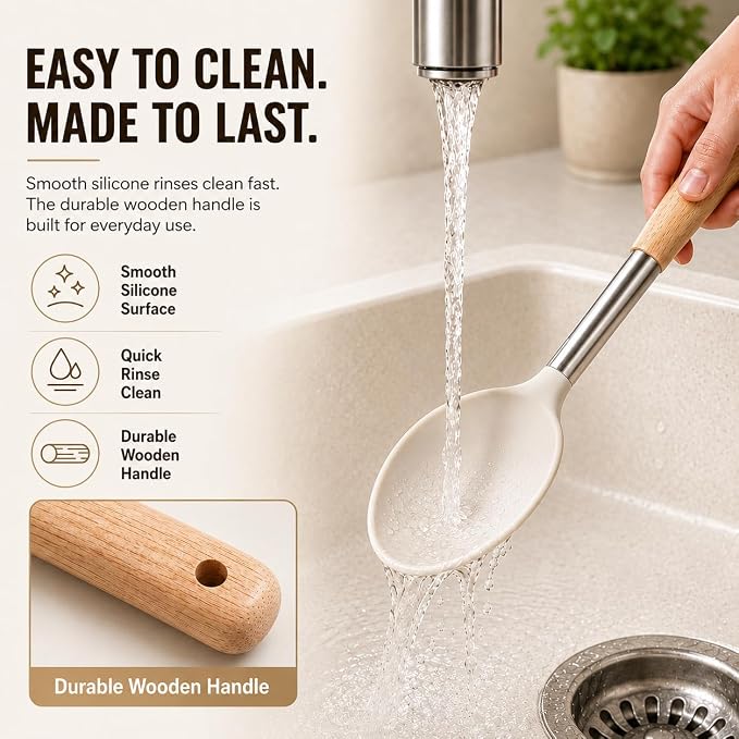 Silicone Kitchen Utensils Set, 9 Pcs Full-Size Non-Toxic Cooking Utensils with Wooden Handles & Stainless Steel Core, Heat Resistant Food Grade Kitchen Gadgets for Nonstick Cookware