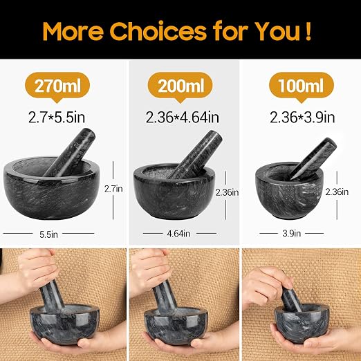 Tera Mortar and Pestle Set Natural Marble Grinder Spice Herb Grinder Pill Crusher Black 3.9in