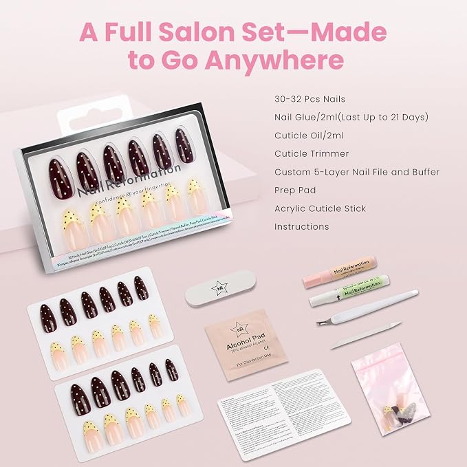 Nail Reformation Press On Nails, Polka Dot French Tip Medium Almond 30 Pcs | 15 Sizes Fake Nails in Chocolate Cream Nude with Glossy Finish, Reusable Stick On False Nail Kit, Manicure Gifts for Women