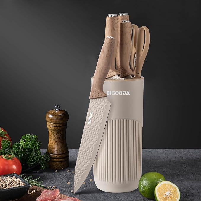 Kitchen Knife Set With Block,6-Piece Professional Chef Cooking Knives Set For Kitchen,Non-Stick Stainless Steel Knife Block Set