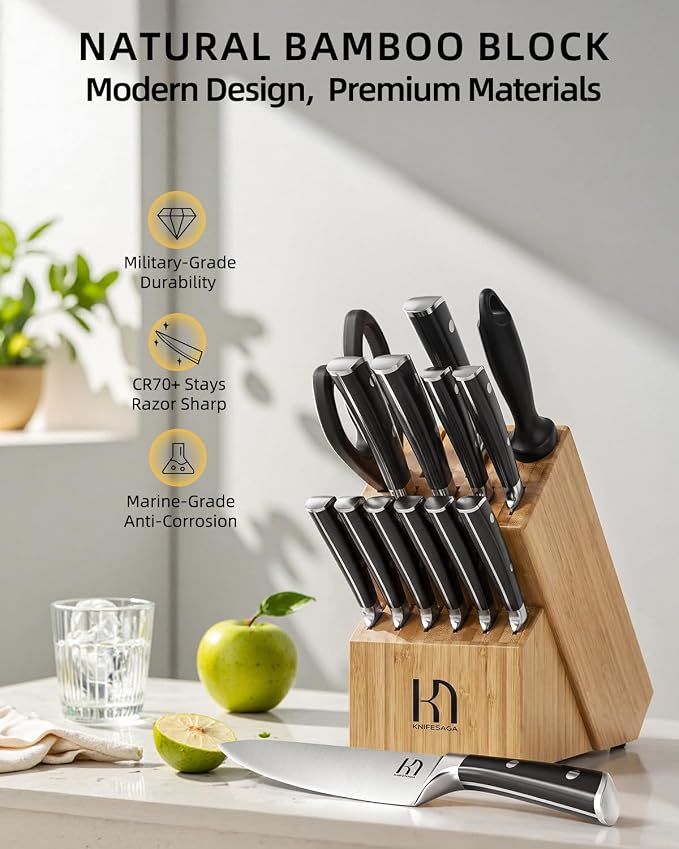 KnifeSaga Knife Set 15 Pcs Kitchen Knife Block Set, Enduring Razor-Sharp High Carbon Stainless Steel Knife Set with Block and Sharpener, Premium Knives Set for Kitchen, Natural Bamboo Valentine's Gift