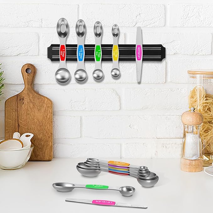 Wildone Measuring Cups and Magnetic Measuring Spoons Set, 16Pcs | 8 Stainless Measuring Cups, 7 Double-sided Magnetic Measuring Spoons & leveler for Spice Jar and Liquid Measuring, Multicolor