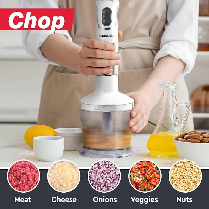 Mueller Multistick 5-in-1 Immersion Blender Handheld, 12-Speed Hand Mixer | Turbo Boost, Heaviest Duty Copper Motor, Titanium Blades Hand Blender, Milk Frother Wand, Whisk, Beaker, Chopper, White