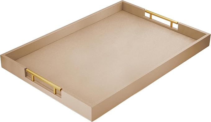 ATZYmolin 22" x 15.7" Extra Large Serving Tray, Vanity Platter, Glod | Rectangle Ottoman Decor Tray, Gold Polished Metal Handles, Coffee Table Bathroom Home Decorative Wood Leather Tray