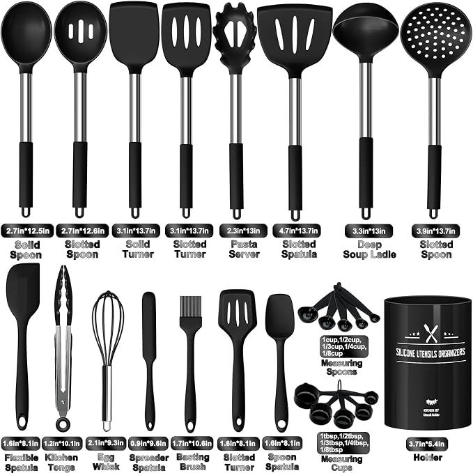 Silicone Kitchen Utensils Set, Umite Chef Large Heat Resistant Cooking Utensil, 26Pcs Silicone Spatulas Set, Stainless Steel Handle, Black Kitchen Gadgets Tools Set for Nonstick Cookware