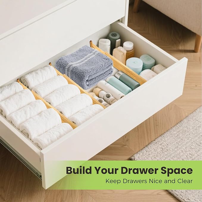 Fyvva Drawer Organizer, Spring-Loaded Expandable Bamboo Dividers 4-Pack | Large Kitchen Drawer Organizer, Adjustable 16.9 to 22.2 in, 2.3in High Non Slip for Kitchen Clothes Bathroom Office Natural