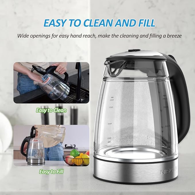 NISVITU 1.7L Dual Wall Cool Touch BPA-Free Electric Kettle, Black | Glass Inner+PC Outer, 1500W Fast Boil Cordless Hot Water Boiler Electric Tea Kettle, Auto Shut-Off+Keep Warm