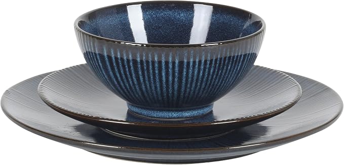 Gibson Elite Midnight Lune Plates and Bowls Sets, 12-Piece Stoneware Dinnerware Sets, Reactive Glaze Dish Set - Blue