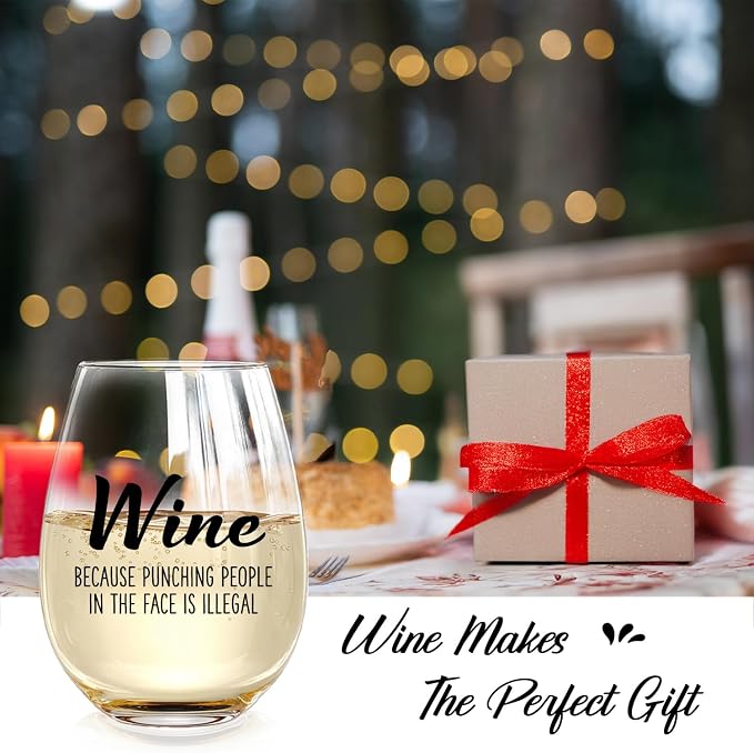 Wine Because Punching People in the Face is Illegal - Funny 15oz Stemless Wine Glass - Novelty Gifts for Women, Men, Mom, Sister, Friend, Coworker, Boss, Aunt - Unique Birthday, Christmas