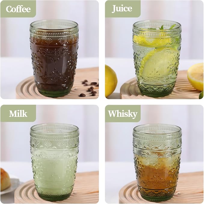 abrwyy Green Drinking Glasses, Vintage Glassware, 14oz Green Glass Cups | Lead-Free Glass, Thick&Durable Glass, Home Decoration, Drinking Glasses Set of 6