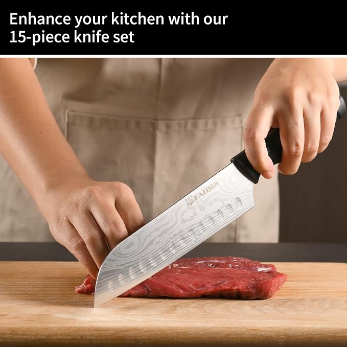 15-Piece Damascus Pattern German Steel Kitchen Knife Block Set | High Carbon Laser-Etched Blades With Built-In Sharpener. Features Ergonomic Black Anti-Slip Handles With Red Trim