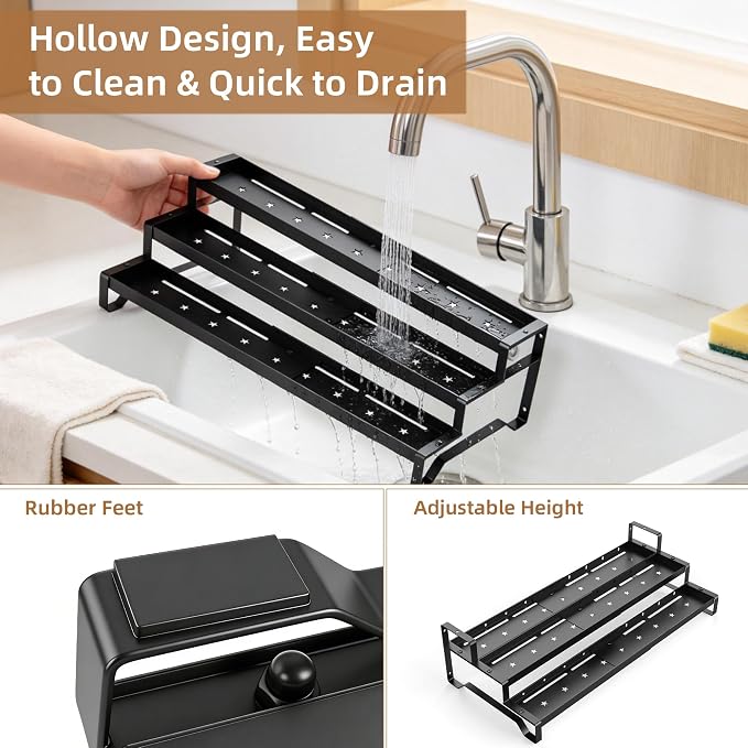 Expandable Spice Rack Organizer for Cabinet 3 Tier Spicy Shelf Black 2Pack | Adjustable Length 13"-21", Easy to See Labels, Sturdy Metal, Slip-Resistant Guardrails for Jars, Cabinet & Countertop Storage