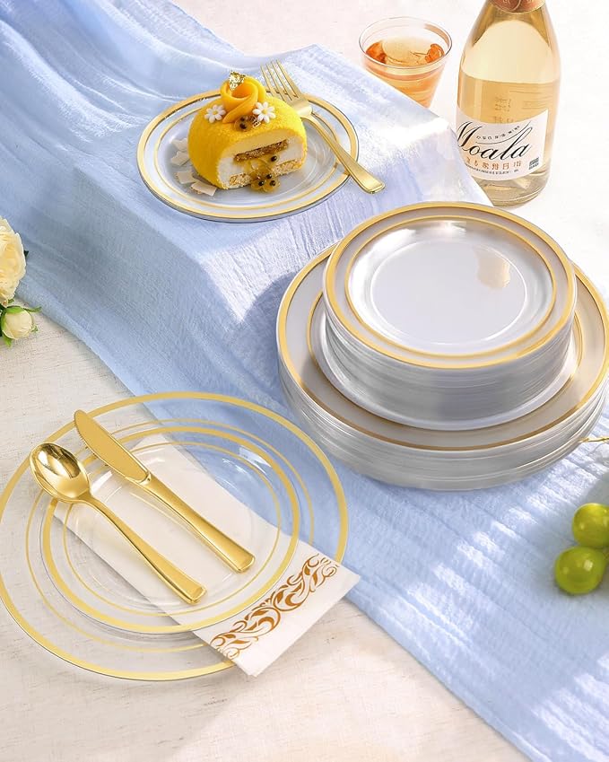 350 Pieces Clear Gold Disposable Dinnerware Set for 50 Guests | Heavy Duty Plastic Plates Include: 100 Gold Rim Dinner Plates, 50 Paper Napkins, 50 Cups, 50 Plastic Silverware Set